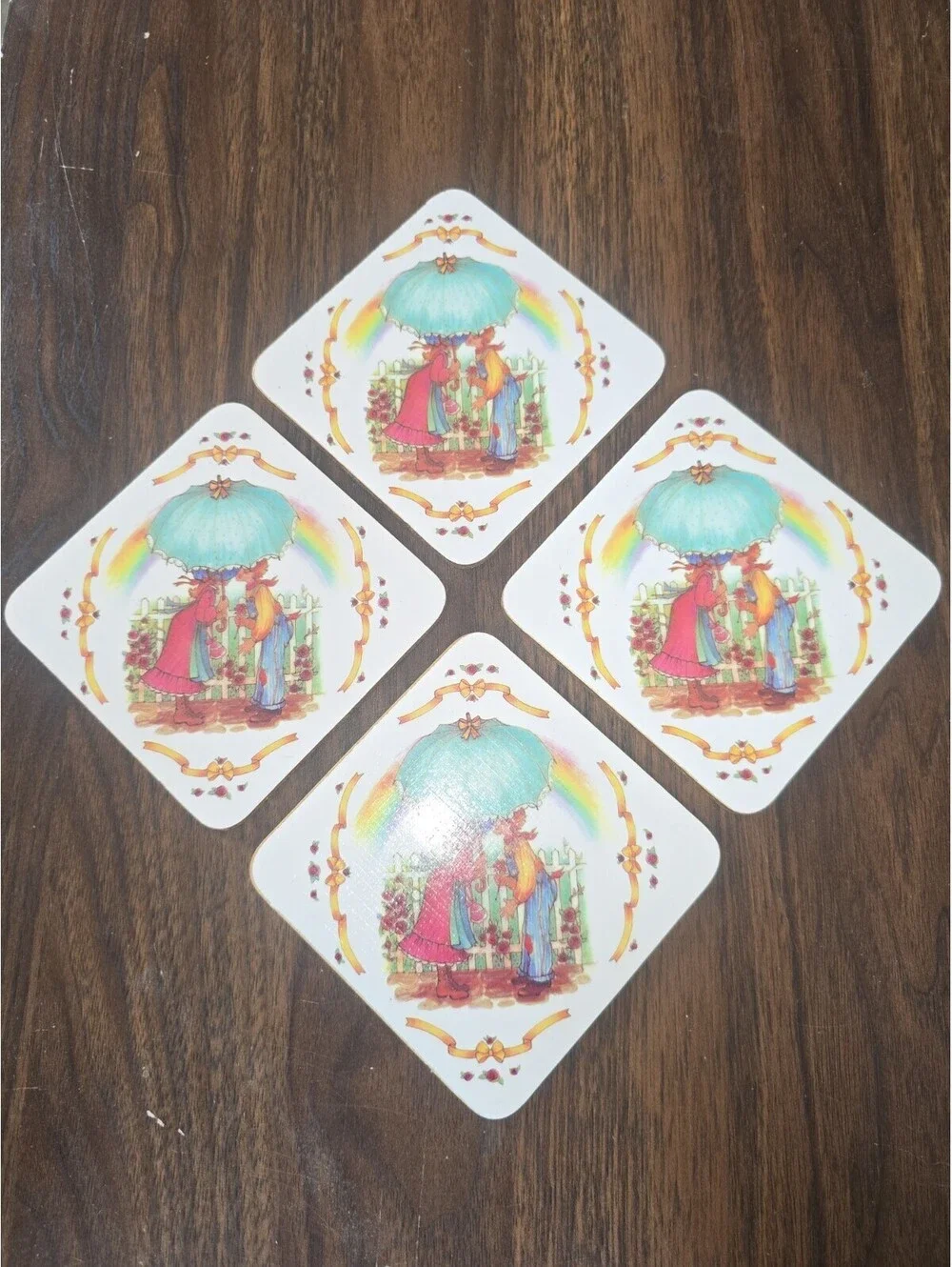 “Vintage Country Girl Boy Rainbow Cork Coaster Cottagecore Holly Hobbie Style”